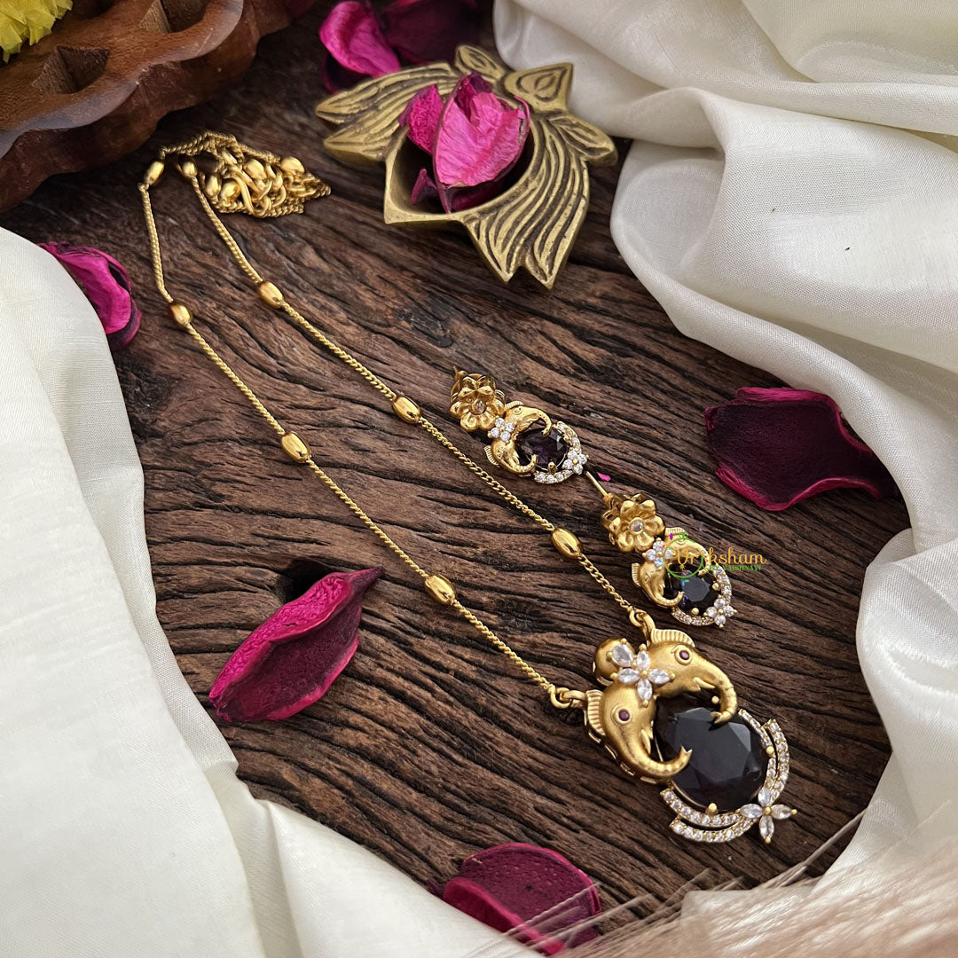Stylish Dual Elephant Purple AD Stone Pendant Chain-G14522