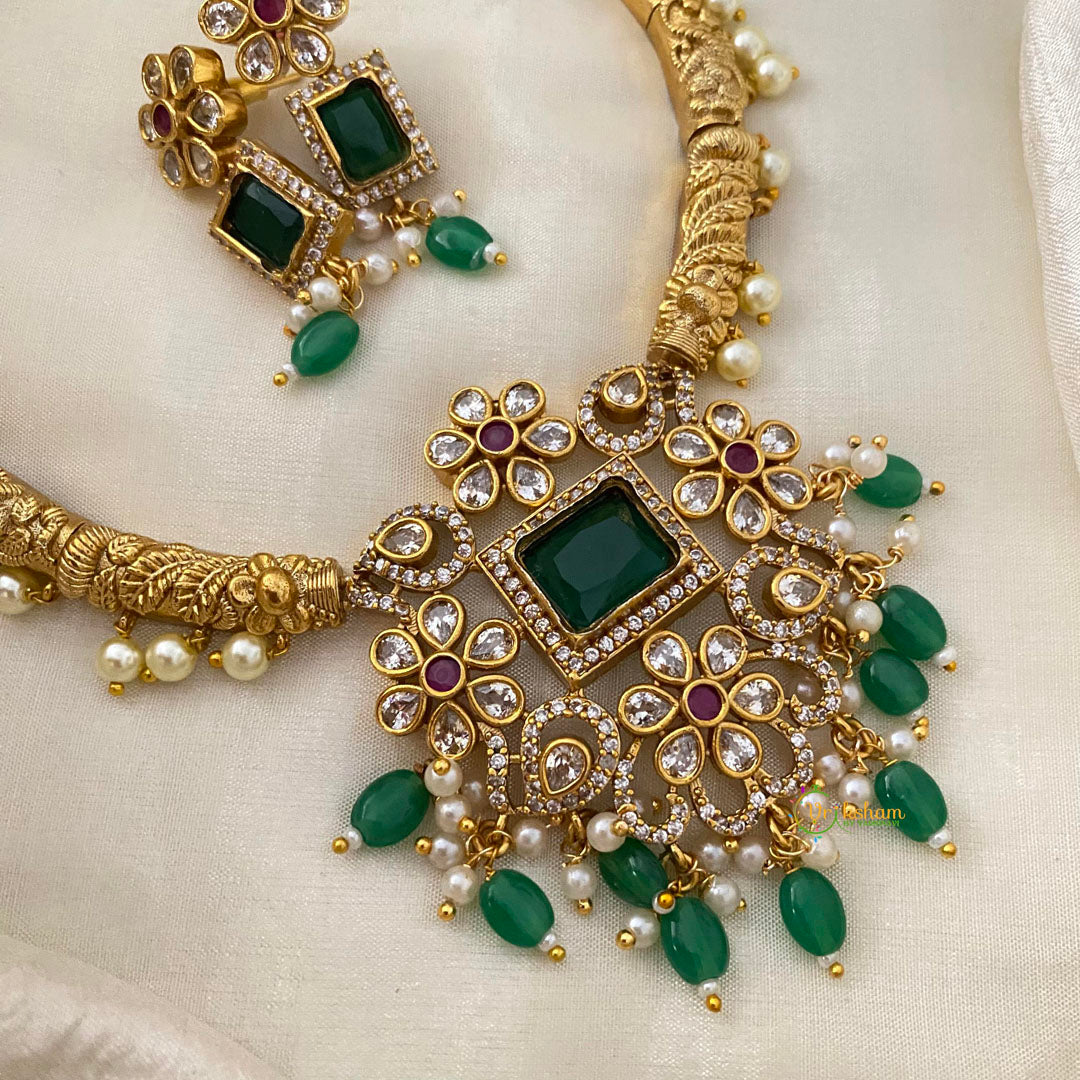 Premium AD Stone Hasli Choker-Green Beads-G12087