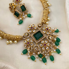 Premium AD Stone Hasli Choker-Green Beads-G12087