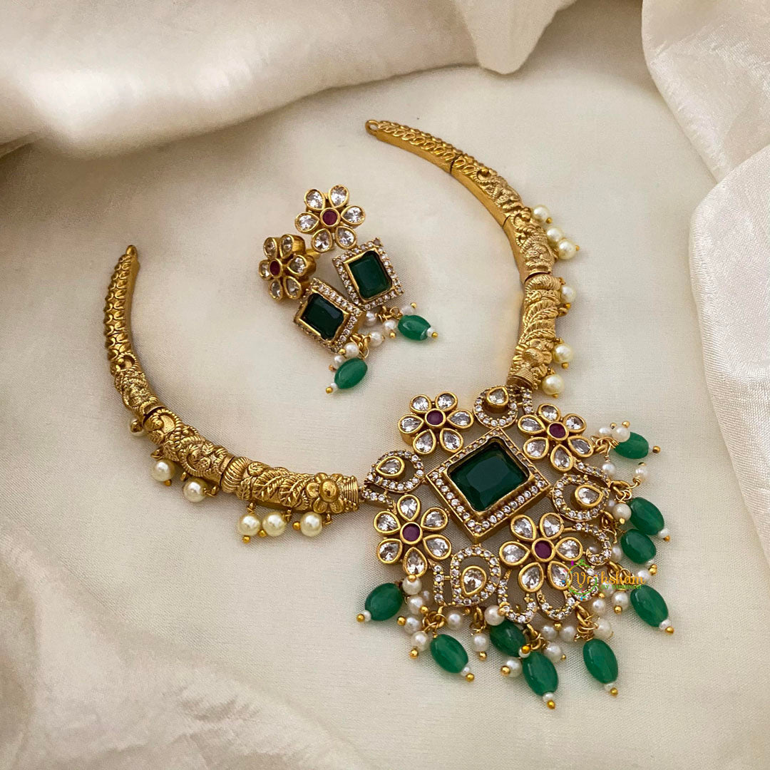 Premium AD Stone Hasli Choker-Green Beads-G12087
