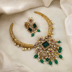 Premium AD Stone Hasli Choker-Green Beads-G12087