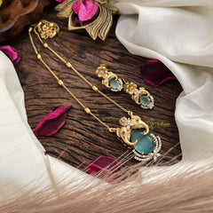 Stylish Dual Elephant Aqua Green AD Stone Pendant Chain-G14523