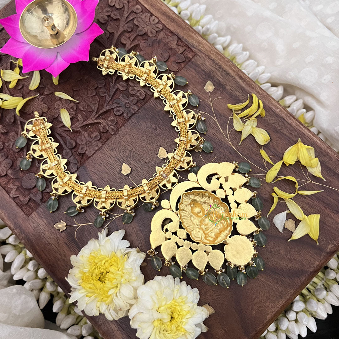 Vriksham Kundan Jadau Lakshmi Pendant With Maanga & Floral Short Neckpiece-Pastel Green Beads-J3734