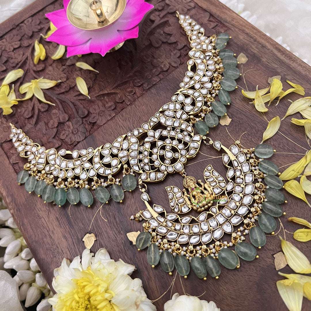 Vriksham Kundan Jadau Half Moon Style With Lakshmi Short Neckpiece-Pastel Green Bead-White-J3729