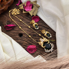 Stylish Dual Elephant Green AD Stone Pendant Chain-G14525