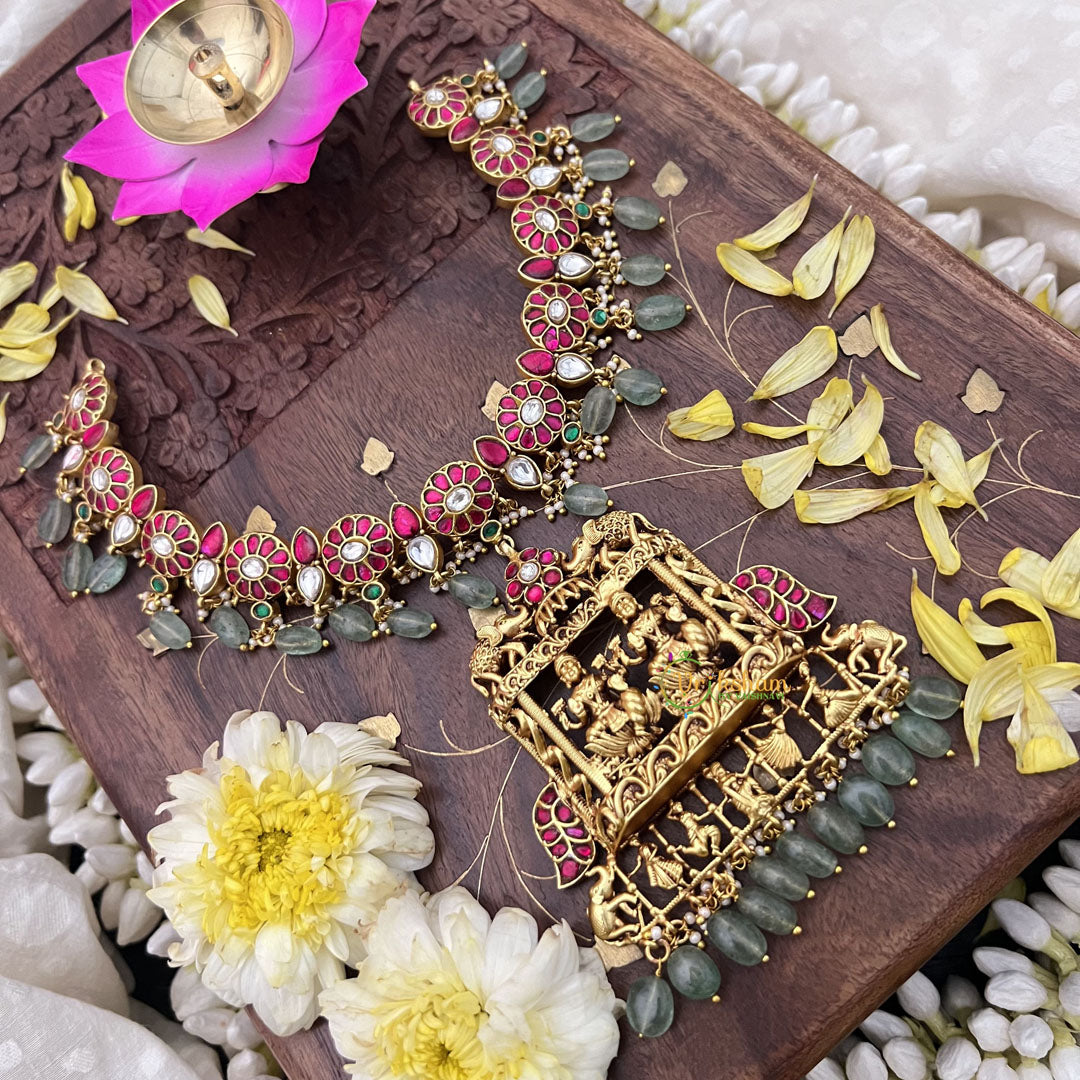 Vriksham Kundan Jadau Two Lakshmi Pendant With Elephant Short Neckpiece-Pastel Green Bead-J3730