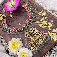 Vriksham Kundan Jadau Two Lakshmi Pendant With Elephant Short Neckpiece-Pastel Green Bead-J3730