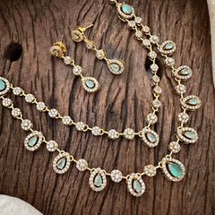 Elegant 2 Layer Aqua Green AD Stone Short Neckpiece-Tear drop-G12835