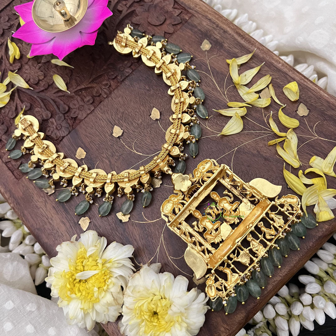 Vriksham Kundan Jadau Two Lakshmi Pendant With Elephant Short Neckpiece-Pastel Green Bead-J3730