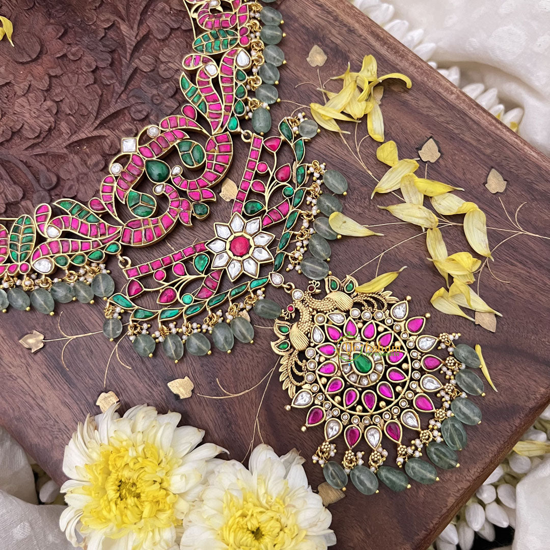 Vriksham Kundan Jadau Layered Dual Peacock Short Neckpiece-Pastel Green Beads-J3732