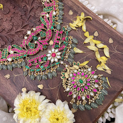 Vriksham Kundan Jadau Layered Dual Peacock Short Neckpiece-Pastel Green Beads-J3732