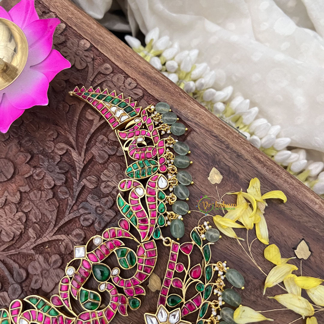 Vriksham Kundan Jadau Layered Dual Peacock Short Neckpiece-Pastel Green Beads-J3732