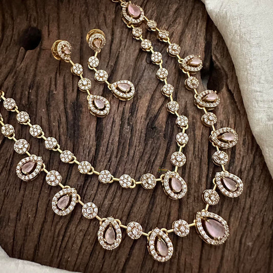 Elegant 2 Layer Baby Pink AD Stone Short Neckpiece-Tear drop-G12836