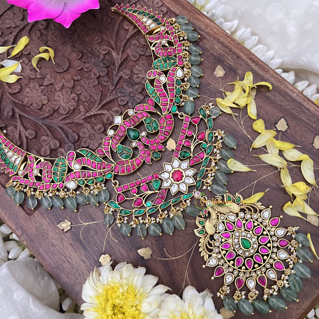 Vriksham Kundan Jadau Layered Dual Peacock Short Neckpiece-Pastel Green Beads-J3732