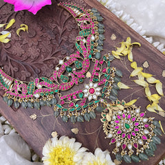Vriksham Kundan Jadau Layered Dual Peacock Short Neckpiece-Pastel Green Beads-J3732