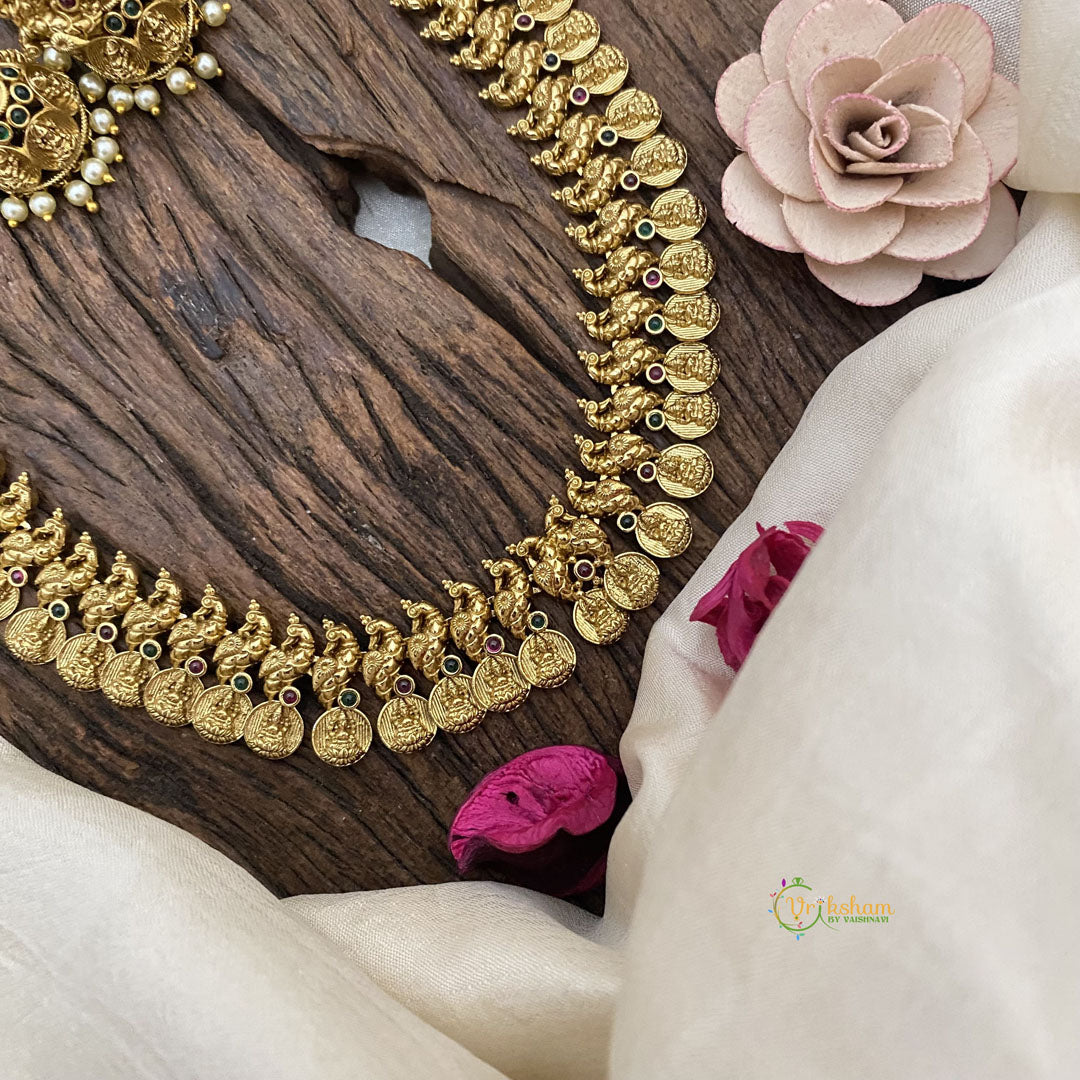 Vriksham Premium Lakshmi Coin Peacock Long Neckpiece-Red Green-G16155