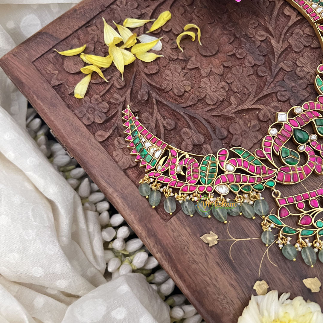 Vriksham Kundan Jadau Layered Dual Peacock Short Neckpiece-Pastel Green Beads-J3732