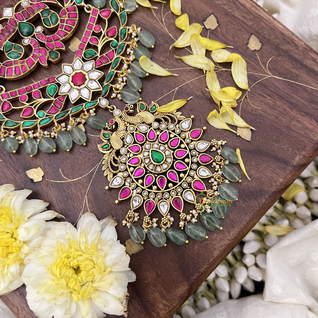 Vriksham Kundan Jadau Layered Dual Peacock Short Neckpiece-Pastel Green Beads-J3732