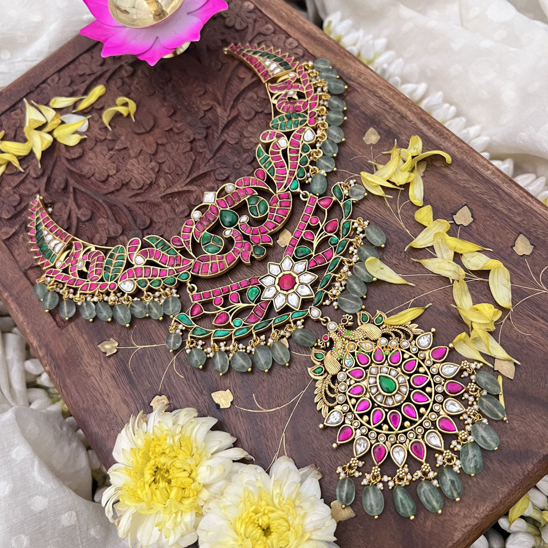 Vriksham Kundan Jadau Layered Dual Peacock Short Neckpiece-Pastel Green Beads-J3732