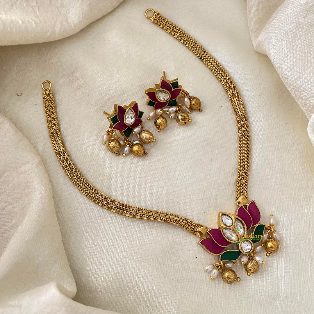 Premium AD Stone Lotus Addigai Choker-Rice Pearls-G12070