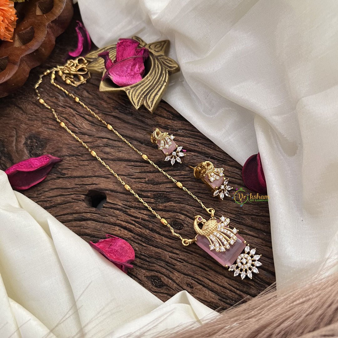 Stylish Baby Pink AD Stone Peacock Pendant Chain-G14505