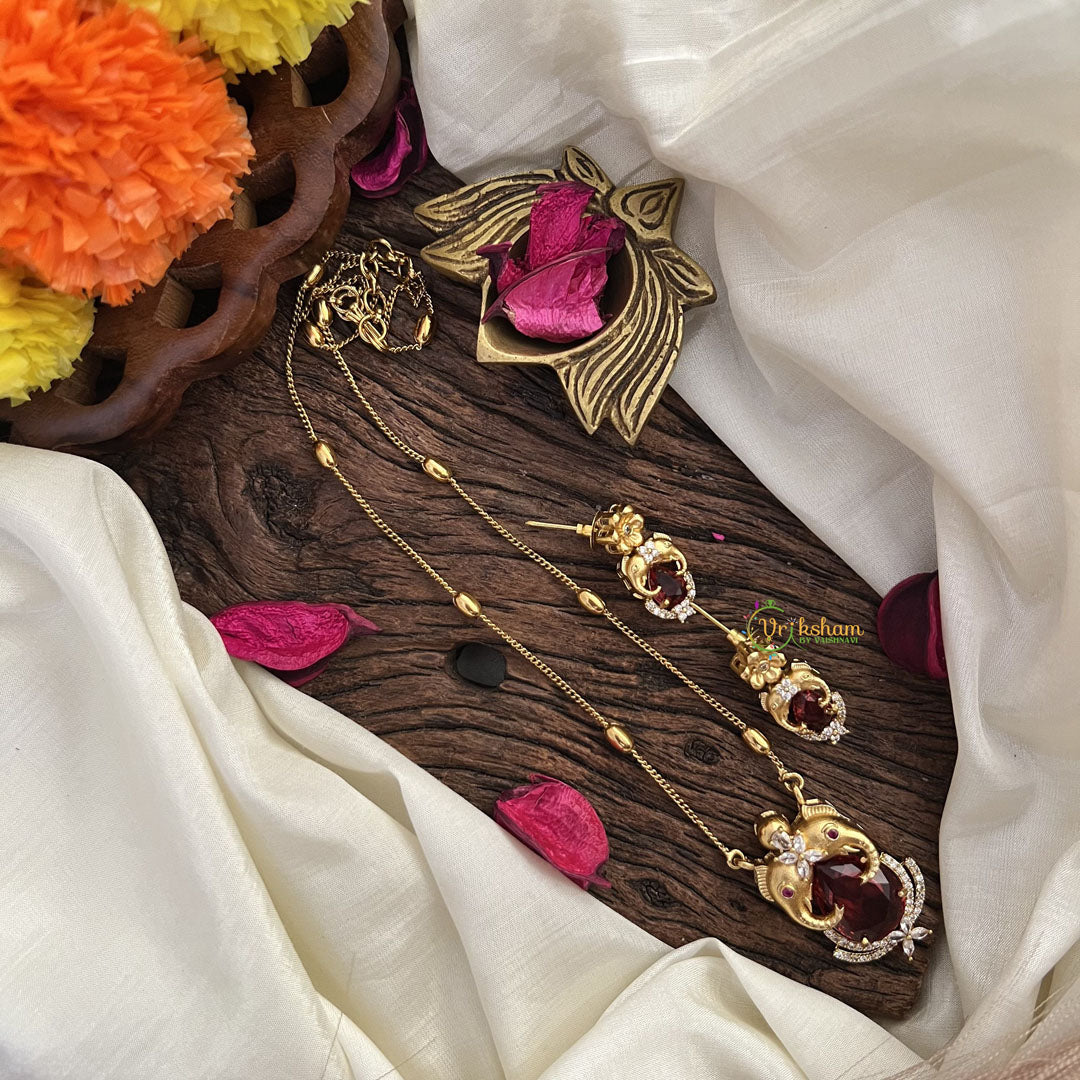 Stylish Dual Elephant Red AD Stone Pendant Chain-G14527