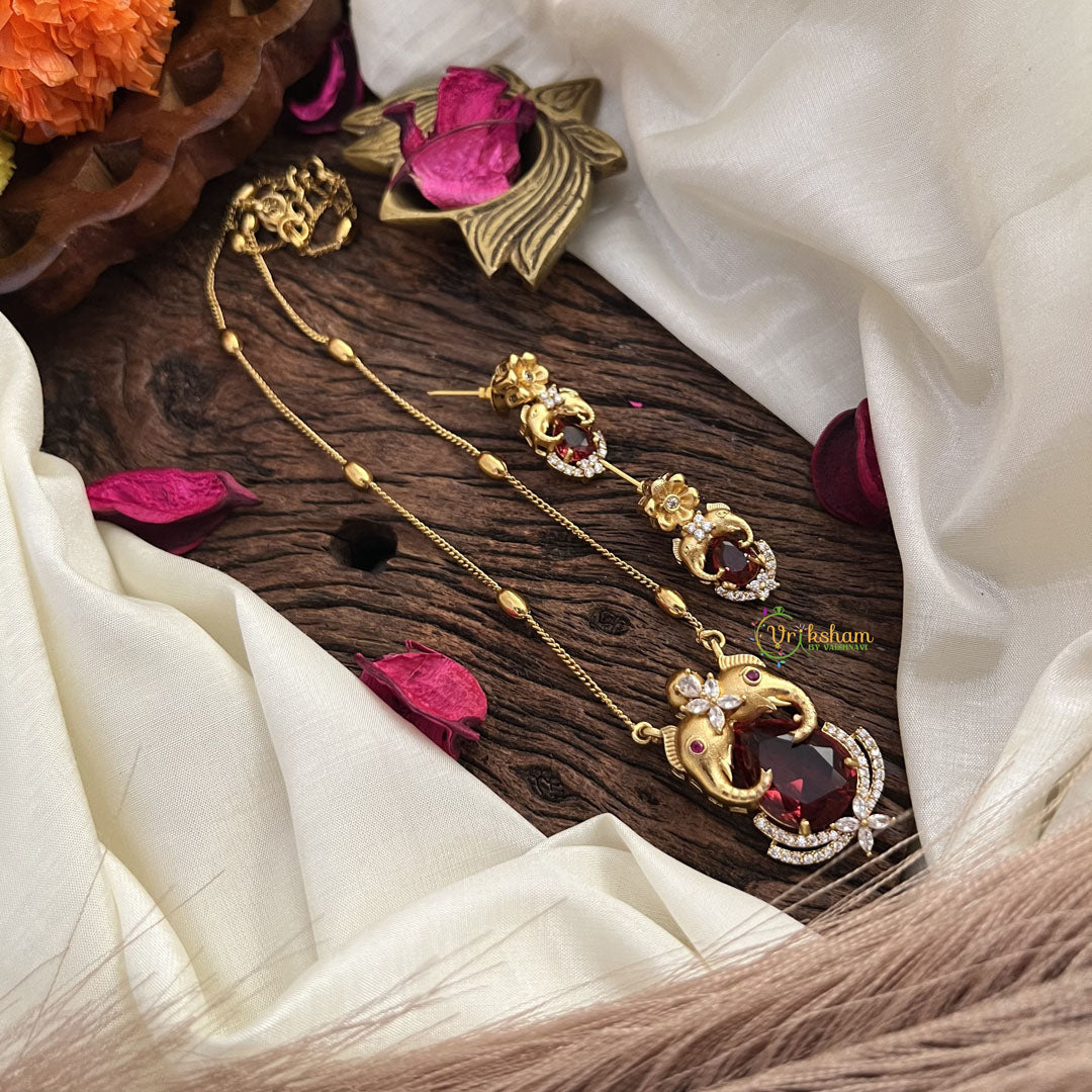 Stylish Dual Elephant Red AD Stone Pendant Chain-G14527