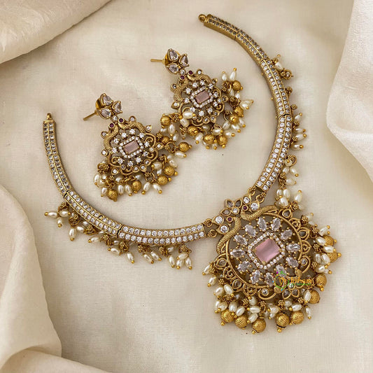 Premium AD Stone Pendant Hasli Choker-Rice Pearls-Pink-G12093