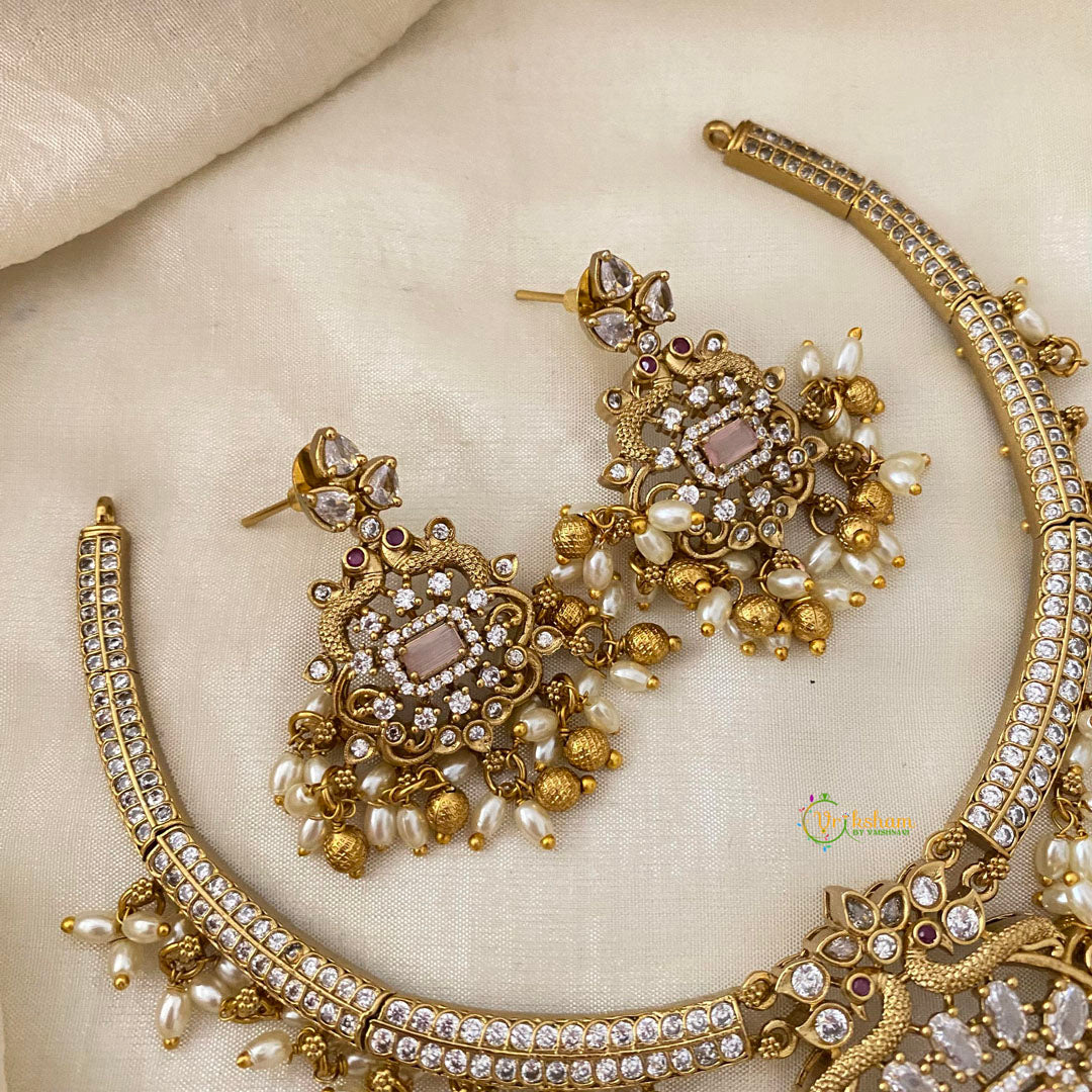 Premium AD Stone Pendant Hasli Choker-Rice Pearls-Pink-G12093