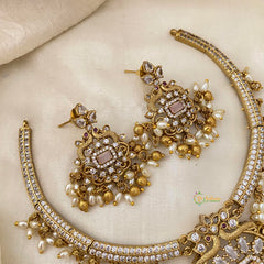 Premium AD Stone Pendant Hasli Choker-Rice Pearls-Pink-G12093