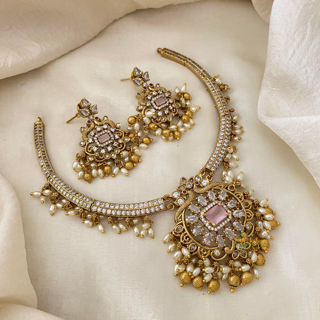 Premium AD Stone Pendant Hasli Choker-Rice Pearls-Pink-G12093