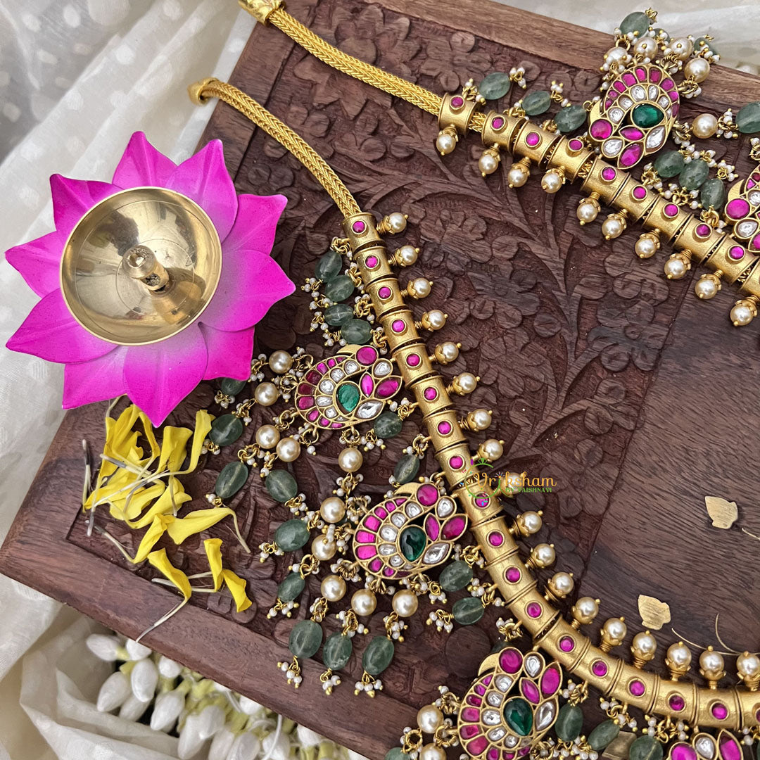Vriksham Elegant Peacock Pendant Kundan Jadau Neckpiece-Pastel Green Beads-J3736