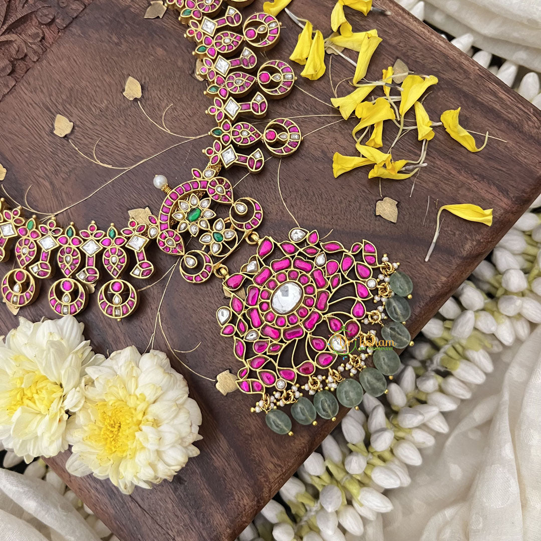 Vriksham Exquisite Kundan Jadau With Pendant Long Neckpiece-Pastel Green Beads-J3735