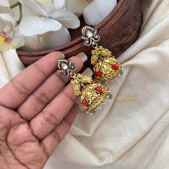 Vriksham Antique Dual Tone Gold Peacock Temple Floral & AD Studs Jhumkas Earrings-Red Green-Green Bead-G21591