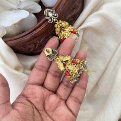 Vriksham Antique Dual Tone Gold Peacock Temple Floral & AD Studs Jhumkas Earrings-Red Green-Green Bead-G21591