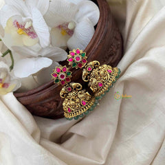 Vriksham Classic Gold Temple Floral Jhumkas Earrings-Red Green-Green Bead-G21590