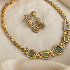 Stylish AD Stone Short Neckpiece -Aqua Green-G12157