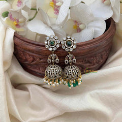 Vriksham Classic Floral Peacock Victorian Diamond Jhumkas-Green Bead-Pearls-VV2016