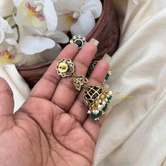 Vriksham Classic Floral Peacock Victorian Diamond Jhumkas-Green Bead-Pearls-VV2016