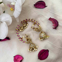 Vriksham Classic Gold  Peacock Jhumkas With Red Leaf Earcuff Earrings-Red-Pearls-G21593