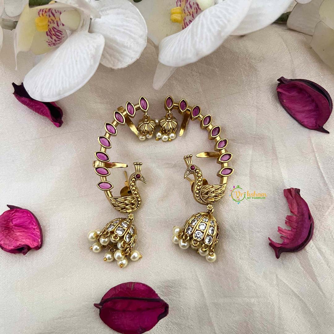 Vriksham Classic Gold  Peacock Jhumkas With Red Leaf Earcuff Earrings-Red-Pearls-G21593