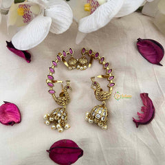 Vriksham Classic Gold  Peacock Jhumkas With Red Leaf Earcuff Earrings-Red-Pearls-G21593