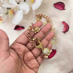 Vriksham Classic Gold  Peacock Jhumkas With Red Leaf Earcuff Earrings-Red-Pearls-G21593