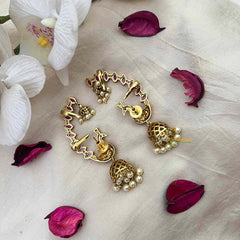 Vriksham Classic Gold  Peacock Jhumkas With Red Leaf Earcuff Earrings-Red-Pearls-G21593