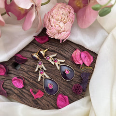 Vriksham Premium Natural Stone Jadau Drop Earrings-Purple-G16081