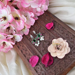 Vriksham Diya Shape Maharashtrian Style Press Bugadi-Red Green-White Bead-J3132