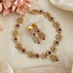 Unique AD Stone Floral Short Neckpiece-Red-G12188