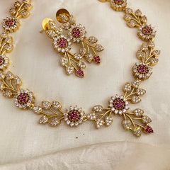 Unique AD Stone Floral Short Neckpiece-Red-G12188