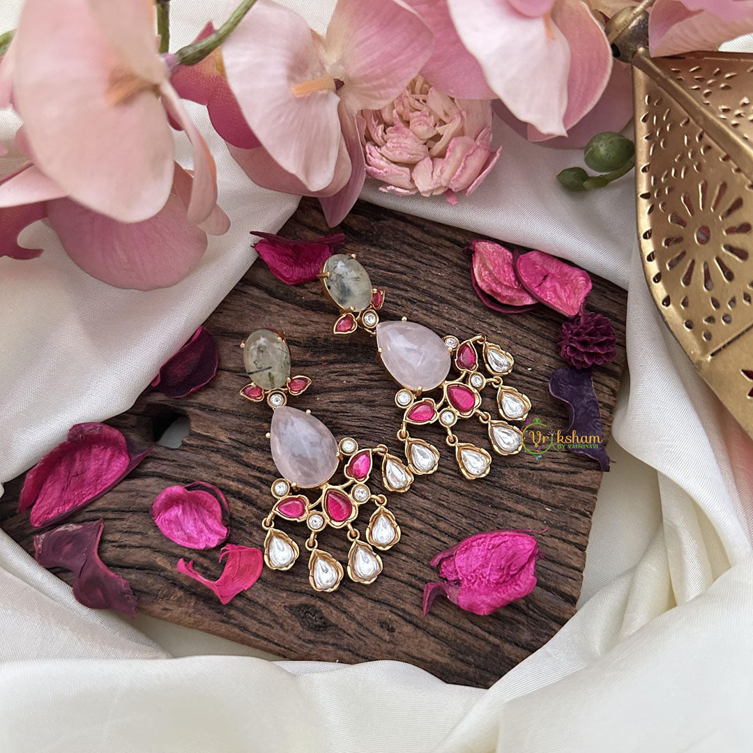 Vriksham Designer Natural Stone Jadau Drop Earrings-Olive & Baby Pink-G16096