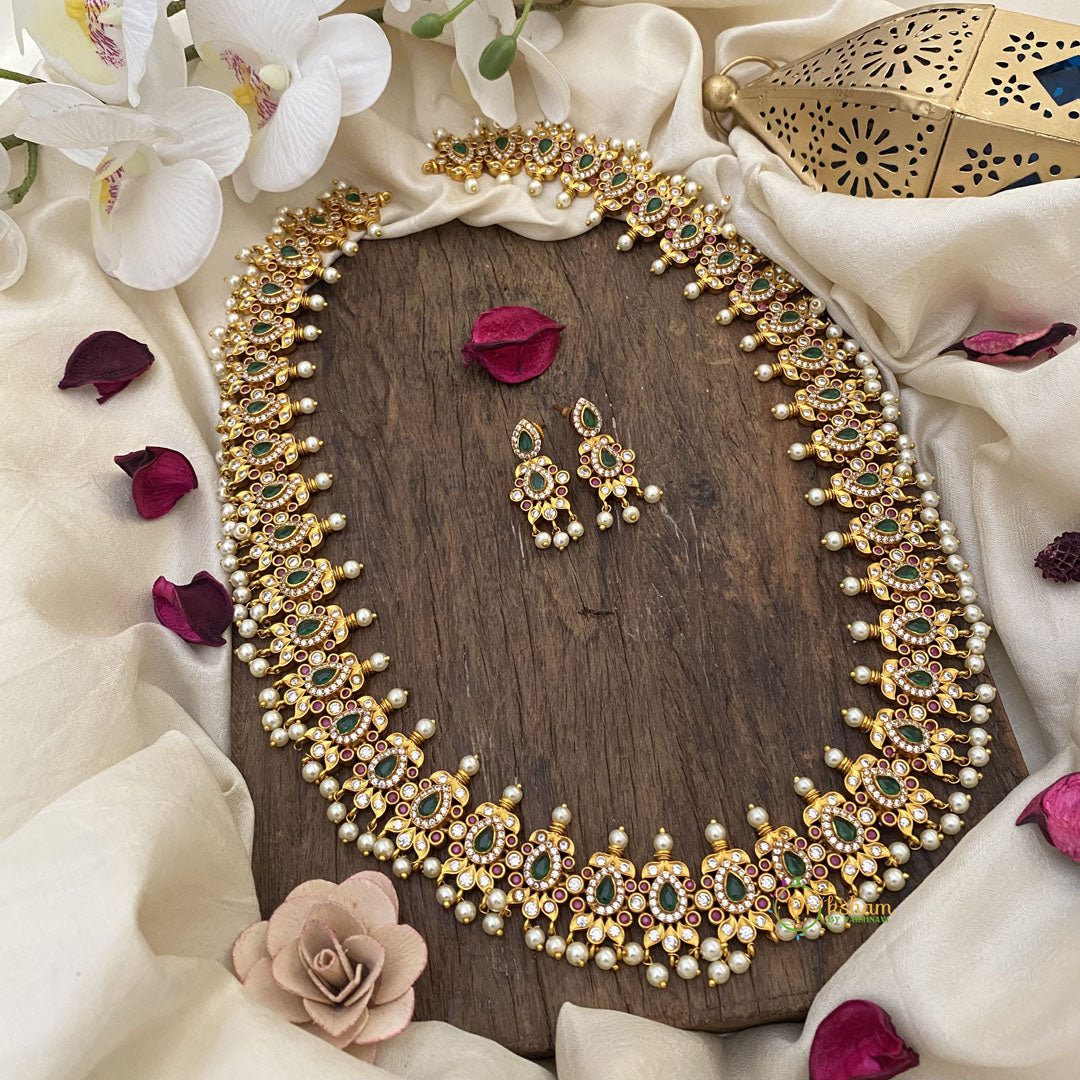 Vriksham AD Stone Long Neckpiece-Red Green & White-White Guttapusalu-G16176